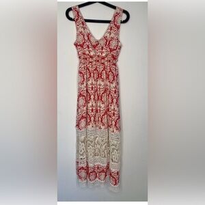 Sunday in Brooklyn Red and Cream Maxi Dress with Lace Hem